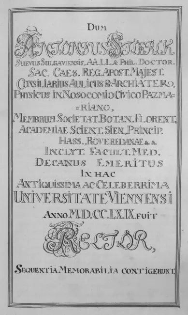 Rektorenblatt von Anton Freiherr von Stoerck (Rektor 1768/69)