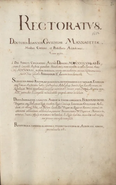 Rektorenblatt von Johann Wilhelm Mannagetta (Rektor 1632/33)