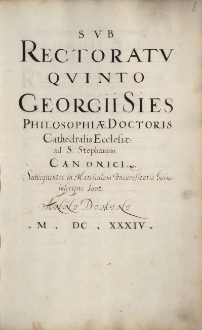 Rektorenblatt von Georg Siess (Rektor 1633/34)