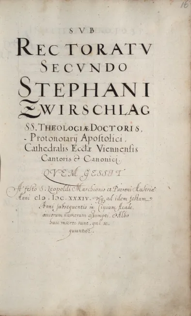 Rektorenblatt von Stephan Zwirschlag (Rektor 1634/35)