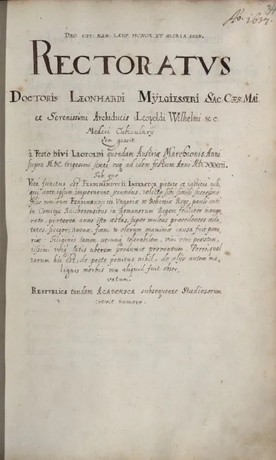 Rektorenblatt von Leonhard Mylgiesser (Rektor 1636/37)