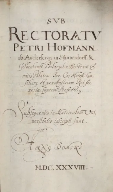 Rektorenblatt von Peter Hofmann von Ankerskron (Rektor 1637/38)