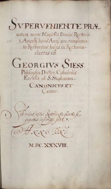 Rektorenblatt von Georg Siess (Vizerektor 1638)