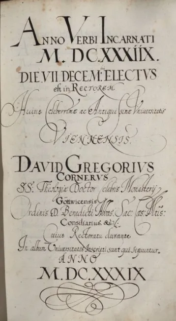 Rektorenblatt von David Gregor Corner (Rektor 1638/39)
