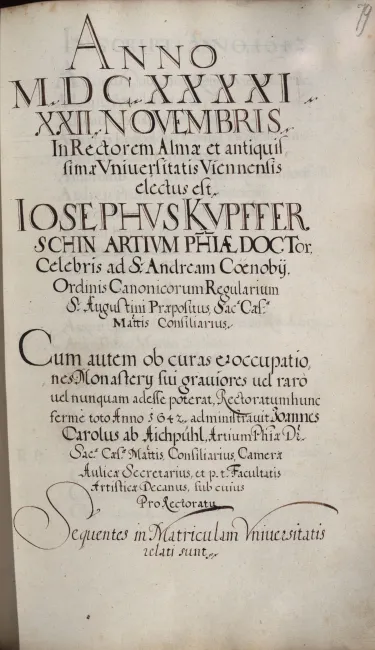 Rektorenblatt von Joseph von Kuppferschein (Rektor 1641/42)