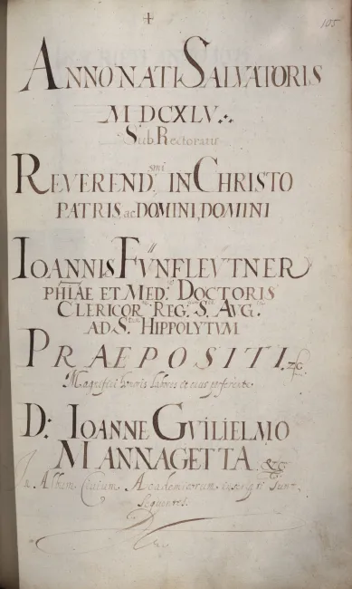 Rektorenblatt von Johann Fünfleutner (Rektor 1644/45)