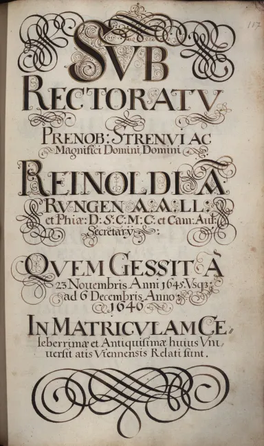 Rektorenblatt von Reinold von Rungen (Rektor 1645/46)