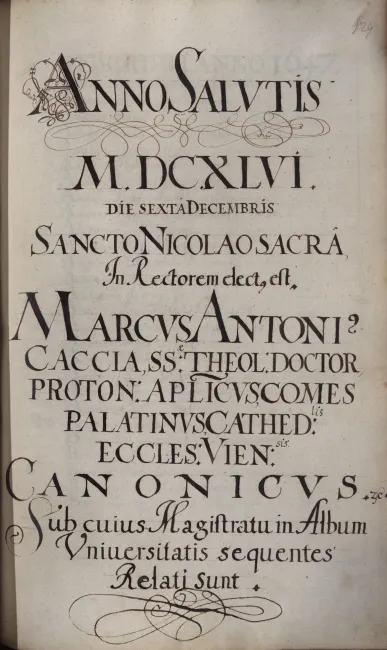 Rektorenblatt von Marcus Antonius Caccia (Rektor 1646/47)