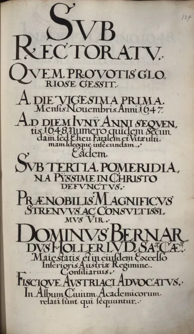 Rektorenblatt von Bernhard Holler (Rektor 1647/48)
