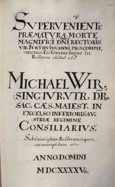 Rektorenblatt von Michael Wirsing (Vizerektor 1647/48)