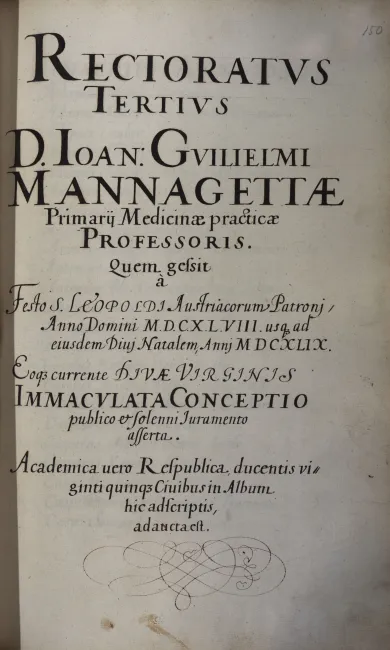 Rektorenblatt von Johann Wilhelm Mannagetta (Rektor 1648/49)
