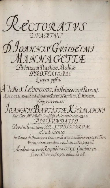 Rektorenblatt von Johann Wilhelm Mannagetta (Rektor 1652/53)