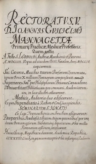 Rektorenblatt von Johann Wilhelm Mannagetta (Rektor 1653/54)