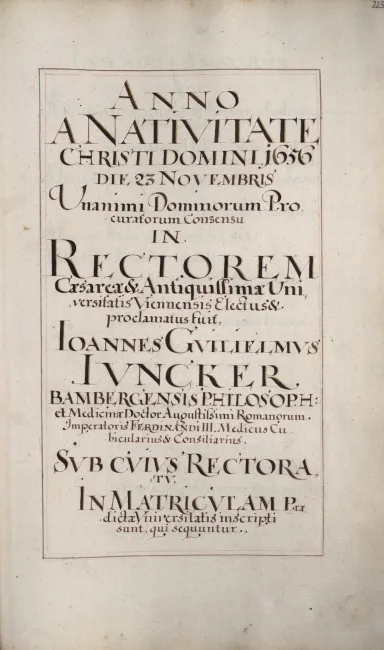 Rektorenblatt von Johann Wilhelm Juncker (Rektor 1656/57)