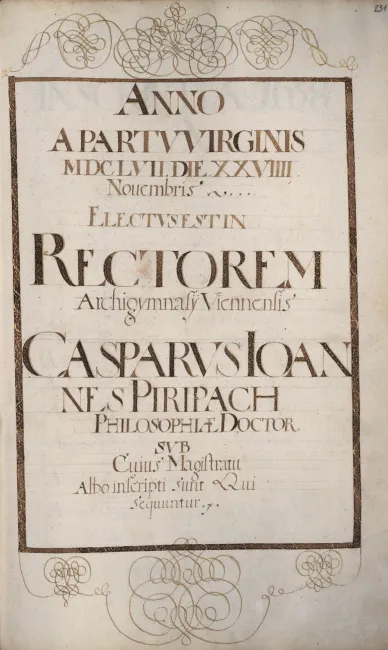 Rektorenblatt von Caspar Johann Piribach (Rektor 1657/58)