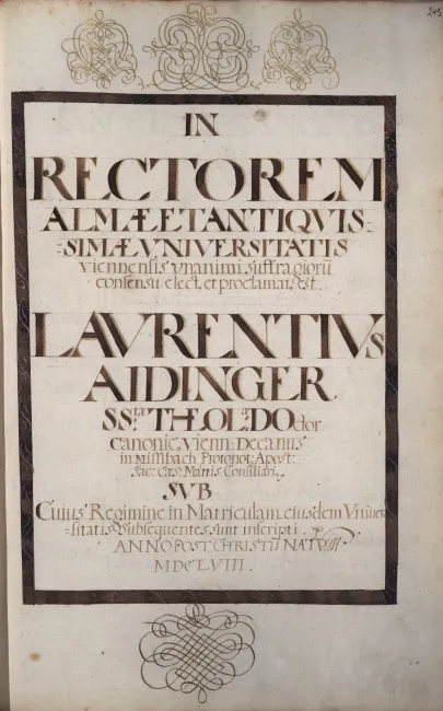 Rektorenblatt von Laurenz Aidinger (Rektor 1658/59)