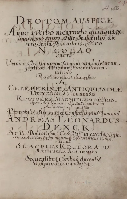 Rektorenblatt von Andreas Leonhard Denck (Rektor 1659/60)