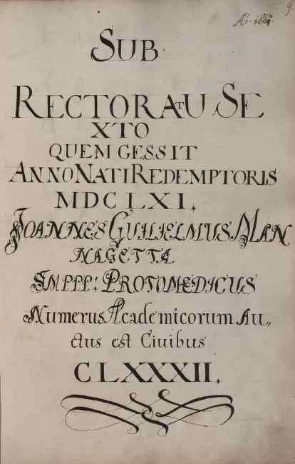 Rektorenblatt von Johann Wilhelm Mannagetta (Rektor 1660/61)