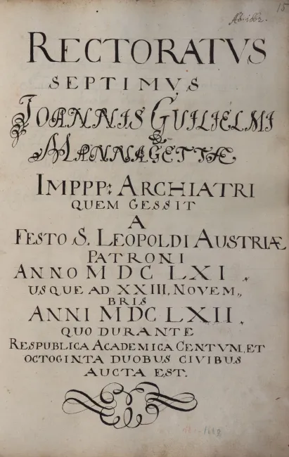 Rektorenblatt von Johann Wilhelm Mannagetta (Rektor 1661)
