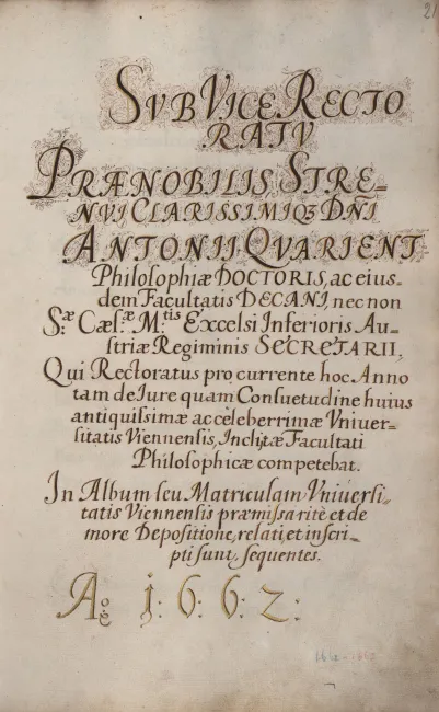 Rektorenblatt von Franz Anton von Quarient (Rektor 1661/62)