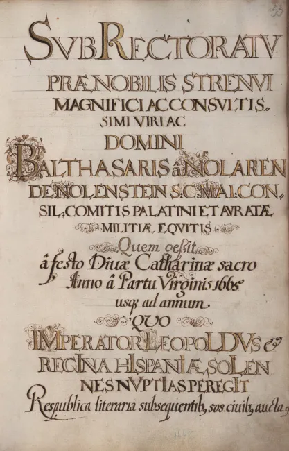 Rektorenblatt von Balthasar Nolaren von Nolenstein (Rektor 1665/66)