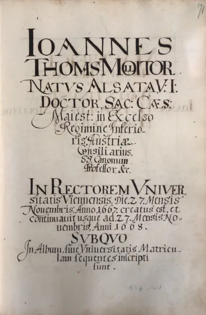 Rektorenblatt von Johann Thomas Mollitor (Rektor 1667/68)