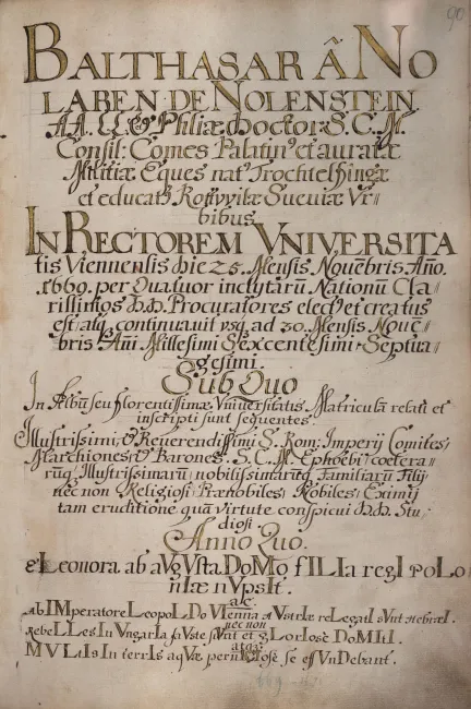Rektorenblatt von Balthasar Nolaren von Nolenstein (Rektor 1669/70)