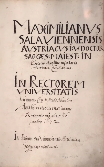 Rektorenblatt von Maximilian Sala von Jeutendorf und Stolberg (Rektor 1671/72)