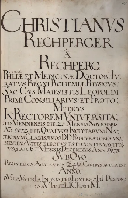 Rektorenblatt von Christian Rechperger von Rechperg (Rektor 1672/73)