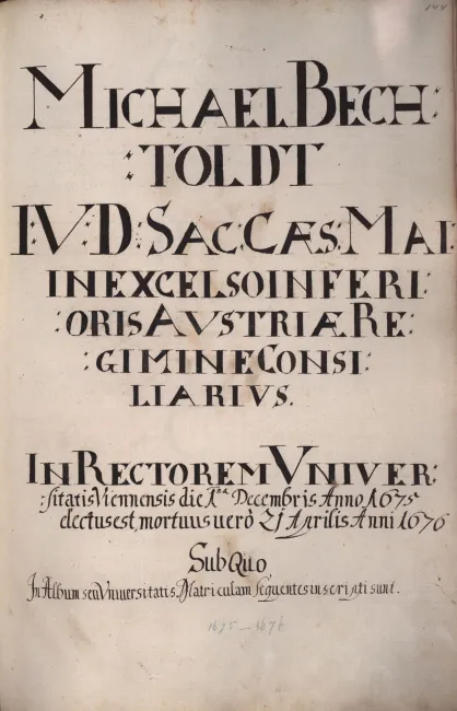 Rektorenblatt von Michael Berchtoldt (Rektor 1675/76)