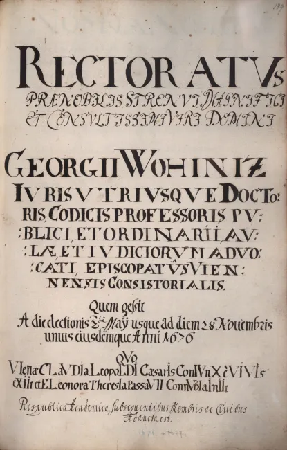 Rektorenblatt von Georg Wohiniz (Rektor 1676)