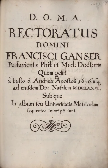 Rektorenblatt von Franz Ganser (Rektor 1676/77)