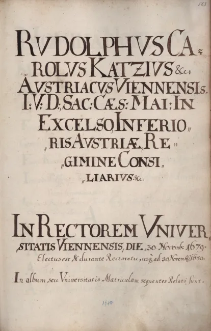 Rektorenblatt von Rudolf Karl Katzi von Ludwigstorff (Rektor 1679/80)