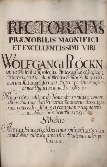 Rektorenblatt von Wolfgang Plöckner (Rektor 1680/81)
