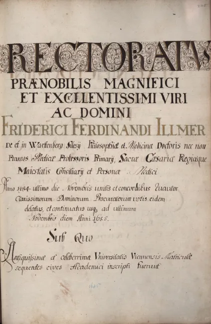 Rektorenblatt von Ferdinand Friedrich Illmer von und in Wartenberg (Rektor 1684/85)