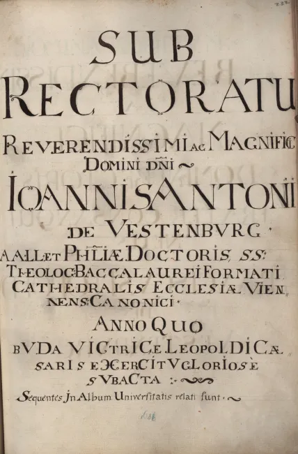 Rektorenblatt von Johann Anton von Vestenburg (Rektor 1685/86)