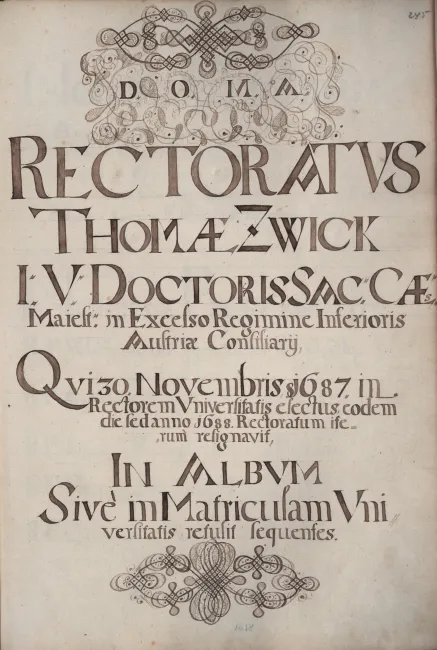 Rektorenblatt von Thomas Zwick (Rektor 1687/88)