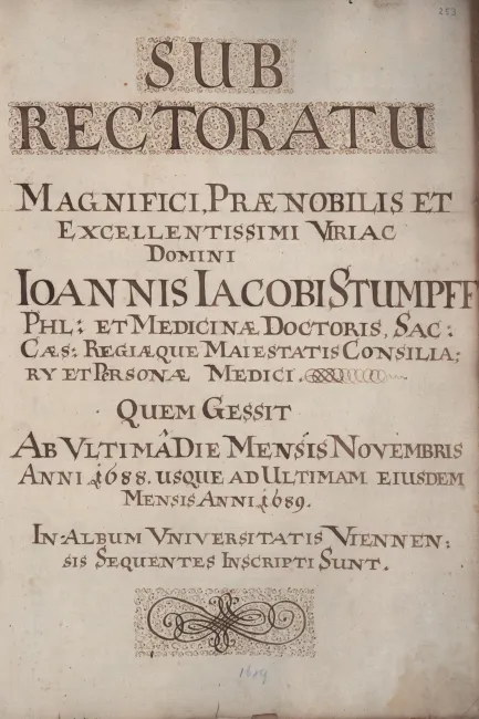 Rektorenblatt von Johann Jakob Stumpff (Rektor 1688/89)