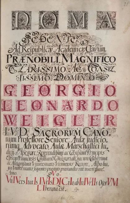 Rektorenblatt von Georg Leonhard Freiherr von Weigler (Rektor 1691/92)