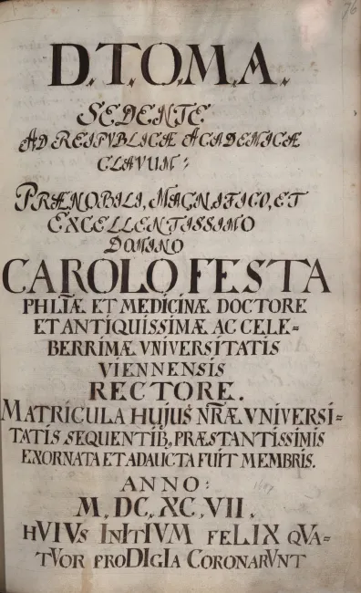 Rektorenblatt von Karl Festa (Rektor 1696/97)