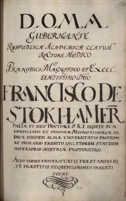 Rektorenblatt von Franz von Stockhammern (Rektor 1700/01)