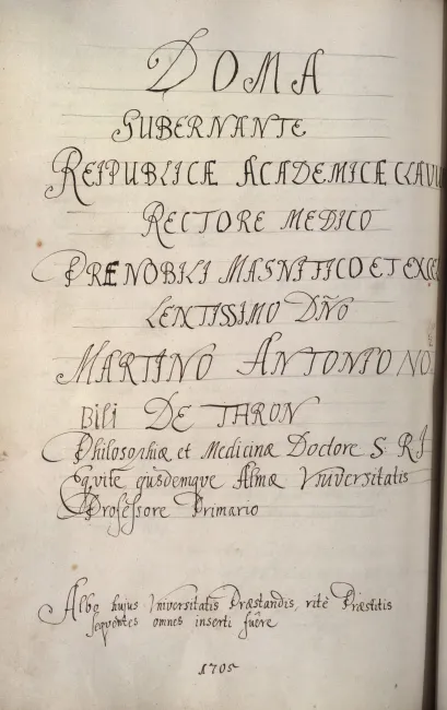 Rektorenblatt von Martin Anton de Thron (Rektor 1704/05)