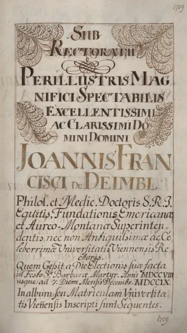 Rektorenblatt von Johann Franz vom Deimbl (Rektor 1708/09)