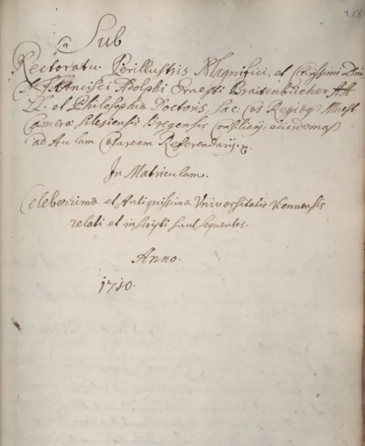 Rektorenblatt von Franz Adolf Ernst Breitenbücher (Rektor 1709/10)