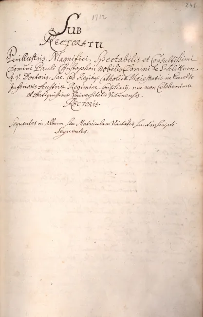 Rektorenblatt von Paul Christoph Schlittern (Rektor 1711/12)
