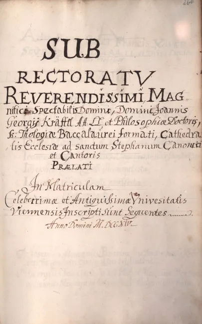 Rektorenblatt von Johannes Georg Kräfftl (Rektor 1713/14)