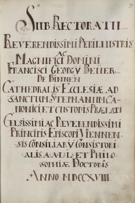 Rektorenblatt von Franz Georg Beüer (Baier, Beyer) von Binnen (Rektor 1717/18)