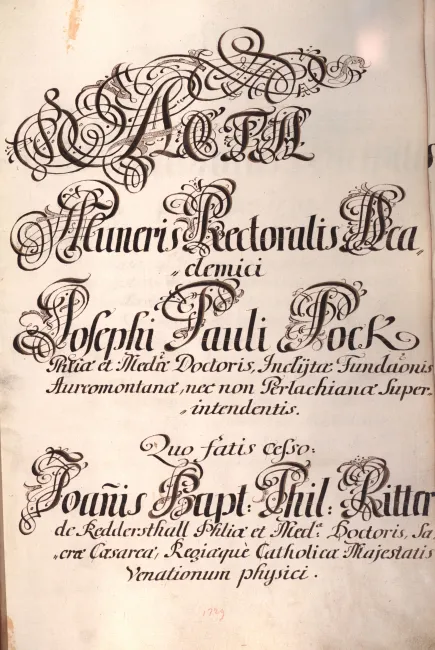 Rektorenblatt von Joseph Paul Pock (Rektor 1728/29) und Johann Baptist Philipp Ritter von Reddersthall (Rektor 1729)