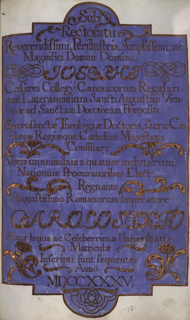 Rektorenblatt von Joseph Rosner (Rektor 1734/35)