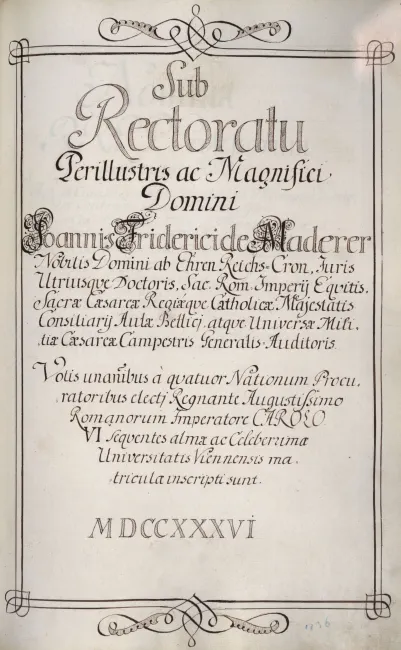 Rektorenblatt von Johann Friedrich Maderer Edler von Ehrenreichscron (Rektor 1735/36)